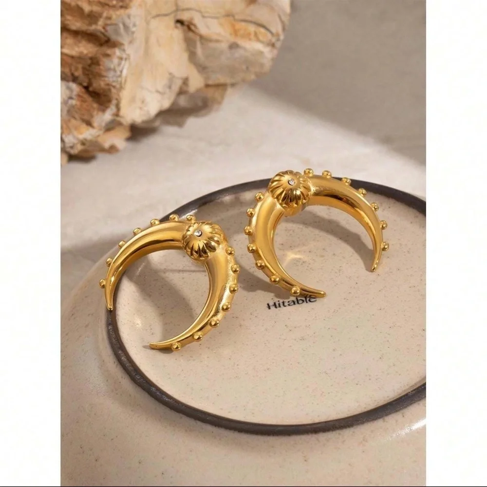 Bold Gold Crescent Hoop Earrings – Stainless Steel - Picture 7 of 14
